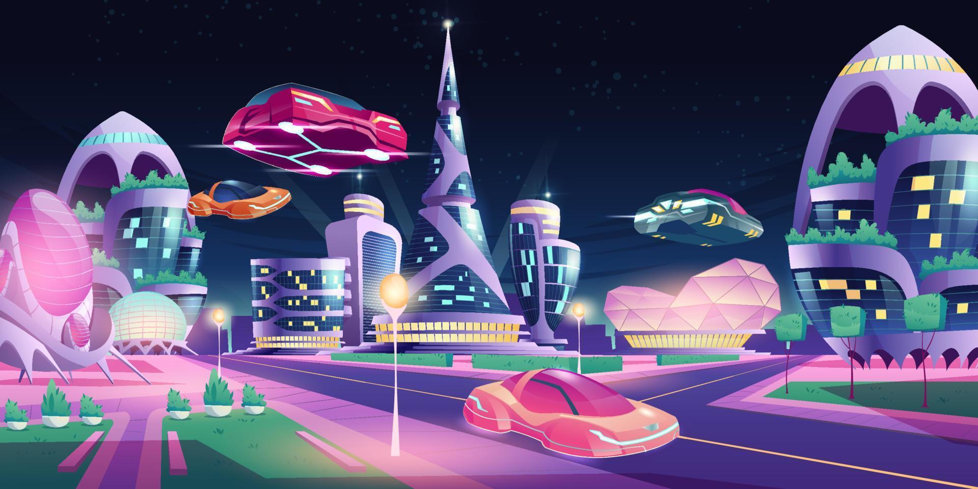 toekomst nacht stad futuristische gebouwen vliegend auto's vector