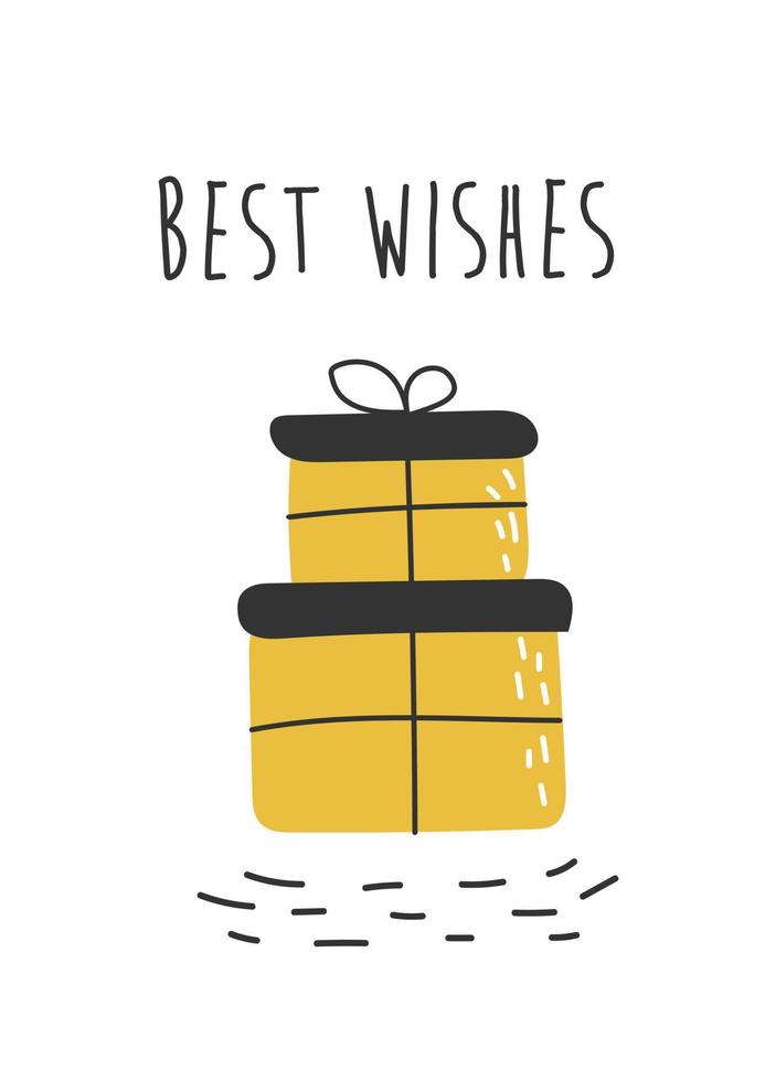 geschenk doos, hand- getrokken tekening stijl. het beste wensen tekst. schattig vector illustratie voor groet kaart voor verjaardag of kerstmis. zwart en geel kleuren