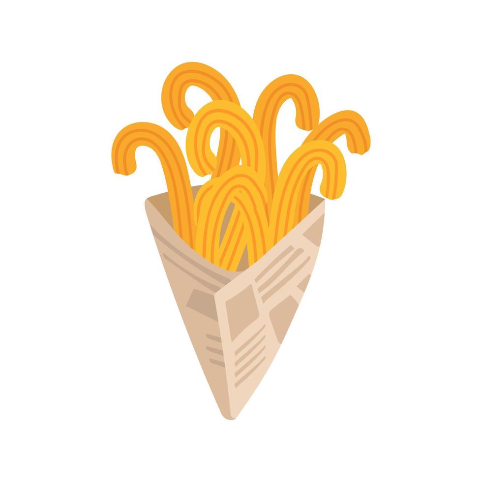 smakelijk zoet of zout churro's. papier kop of servet. traditioneel Spaans en Mexicaans voedsel. gebakken deeg. hand- getrokken vector illustratie. tekenfilm stijl