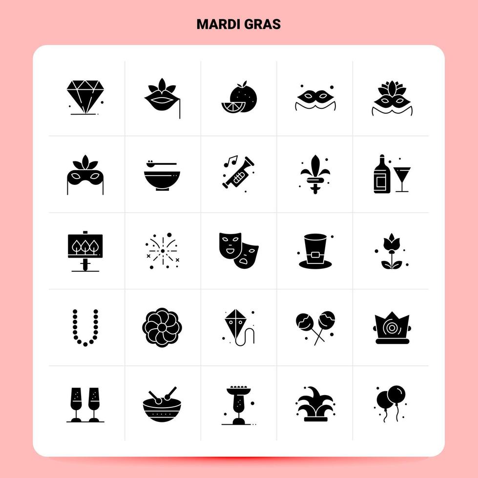 solide 25 mardi gras icoon set. vector glyph stijl ontwerp zwart pictogrammen set. web en mobiel bedrijf ideeën ontwerp vector illustratie.