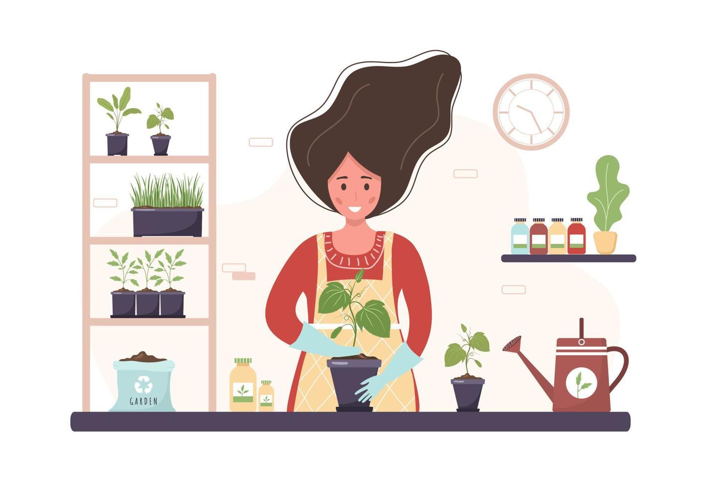 aanplant Bij huis. tekenfilm vrouw herbeplanting zaailingen in oranjerie. tuinieren hobby. vector illustratie in vlak stijl. huiselijk planten kinderkamer en zorg concept