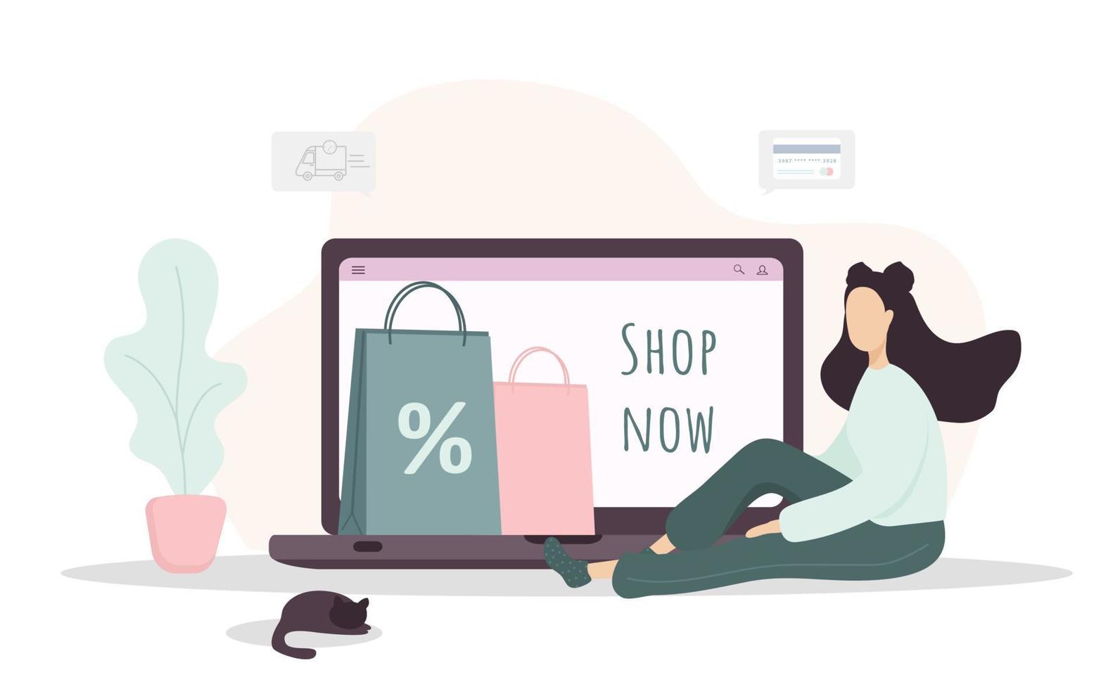 vrouw winkelen. gelukkig meisje winkel Bij een online op te slaan. vector tekenfilm illustratie geïsoleerd Aan wit achtergrond. Promotie en uitverkoop sjabloon.