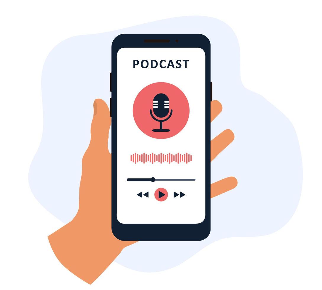 podcast app in een mobiel telefoon in hand. luisteren naar muziek- en opname audio uitzending. vector