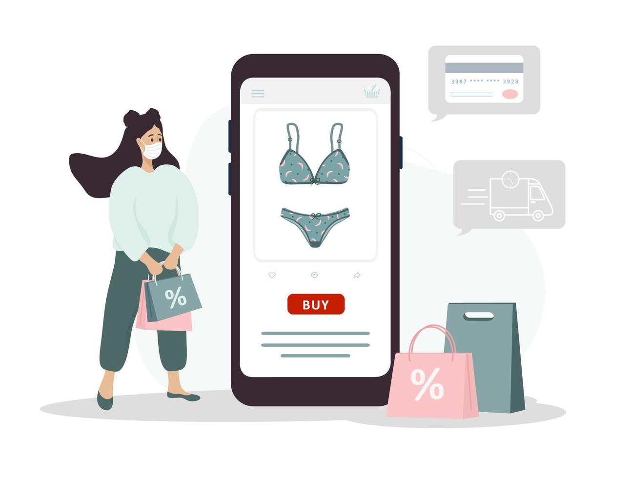 online boodschappen doen Aan website of mobiel app. vrouw koopt modern ondergoed Bij online lingerie op te slaan. de Product catalogus Aan de web browser bladzijde. vector illustratie in vlak tekenfilm stijl