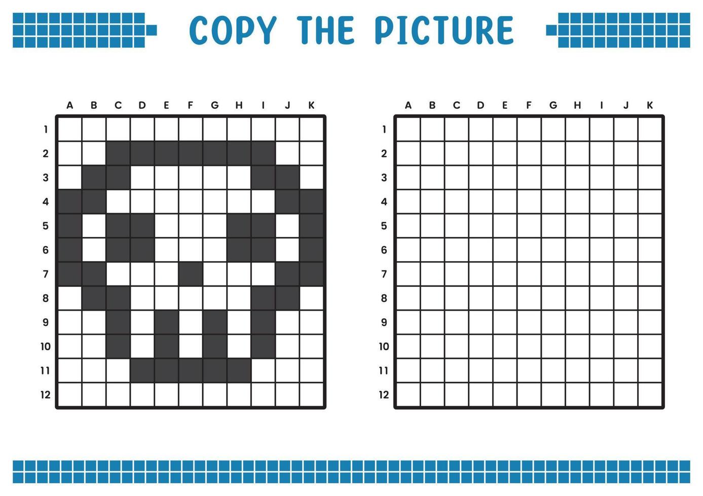 kopiëren de afbeelding, compleet de rooster afbeelding. leerzaam werkbladen tekening met vierkanten, kleur cel gebieden. kinderen peuter- activiteiten. tekenfilm vector, pixel kunst. schedel hoofd symbool illustratie. vector