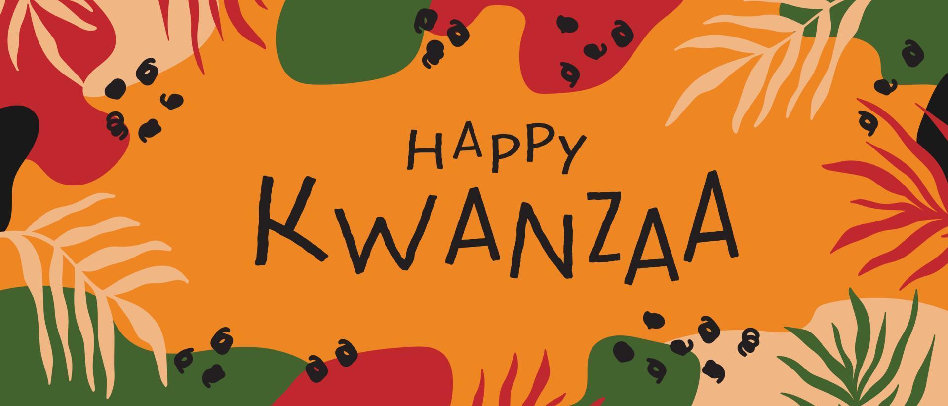 gelukkig kwanzaa abstract helder kleurrijk horizontaal lang banier ontwerp met willekeurig biologisch vormen, palm bladeren. vector sjabloon voor kwanzaa Afrikaanse Amerikaans viering in usa.act,
