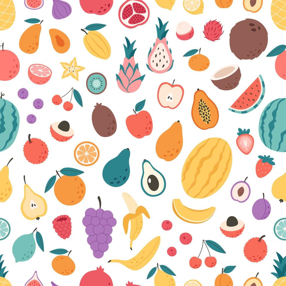 fruit en bessen naadloos patroon. exotisch en tropisch fruit naadloos patroon. vlak, hand- getrokken structuur voor behang, textiel, kleding stof, papier vector