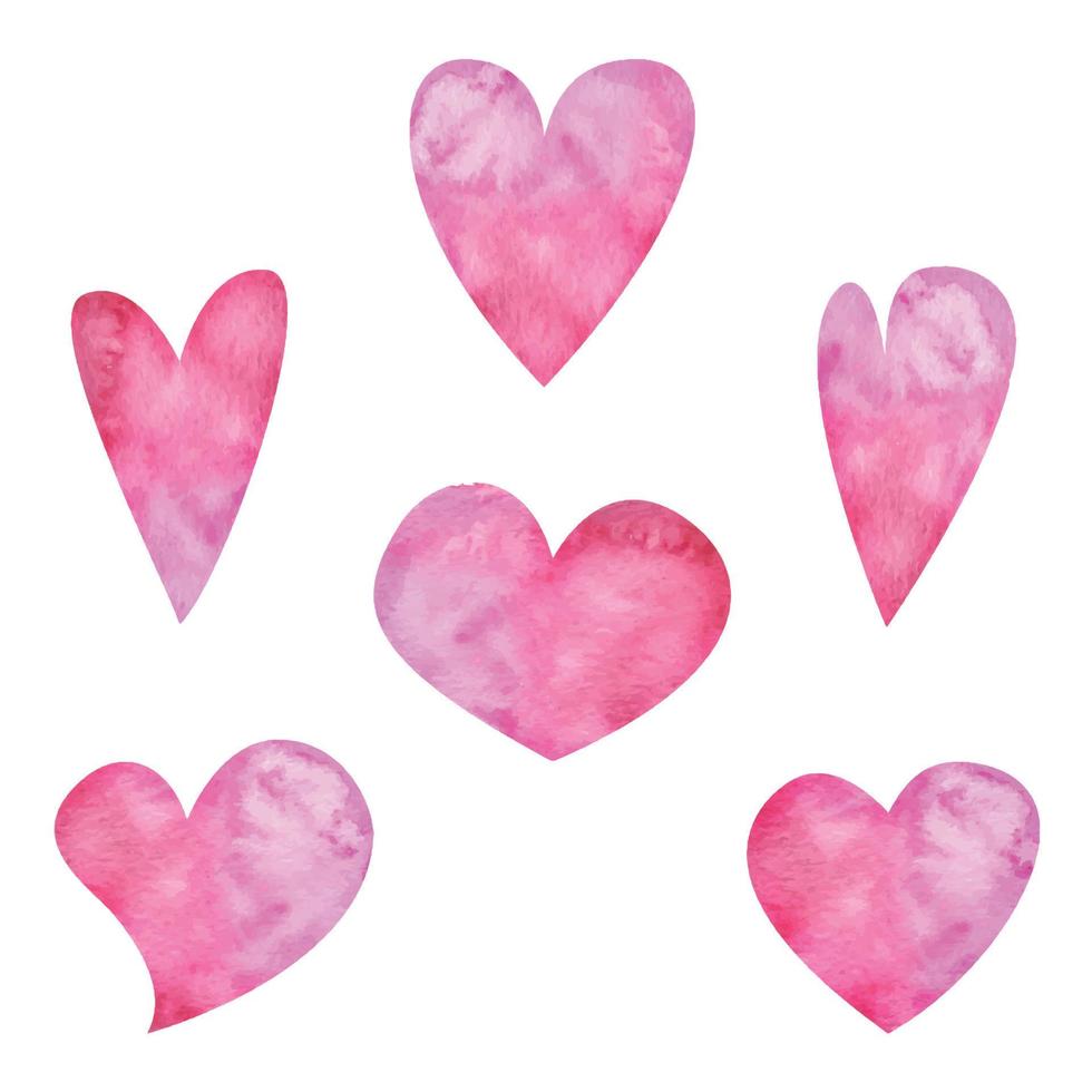 waterverf hand- getrokken reeks van voorwerpen, getextureerde rood, roze harten voor Valentijnsdag dag. geïsoleerd Aan wit achtergrond. ontwerp voor papier, liefde, groet kaarten, textiel, afdrukken, behang, bruiloft vector