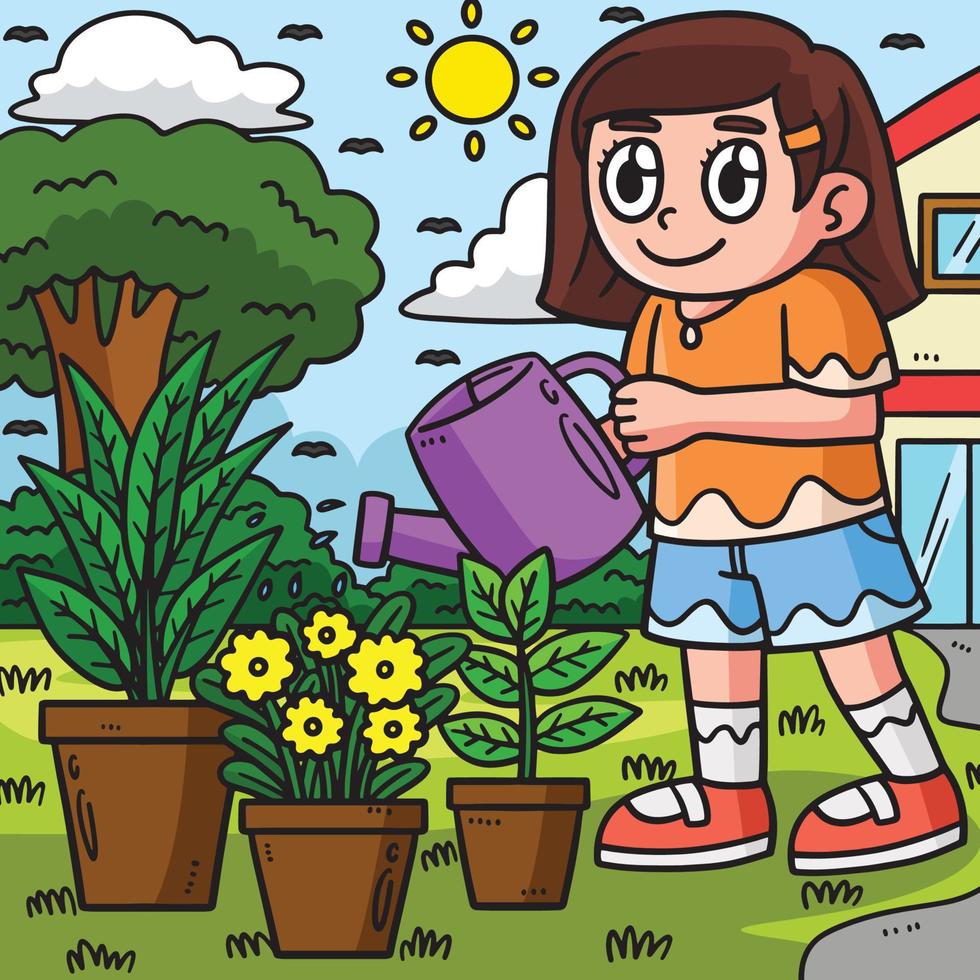 aarde dag meisje gieter planten gekleurde tekenfilm vector