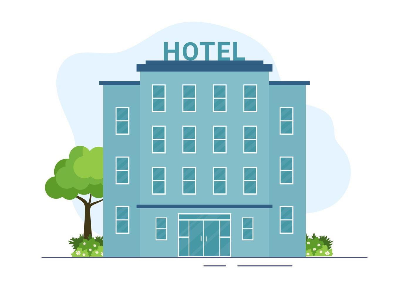wolkenkrabber hotel gebouw vlak tekenfilm hand- getrokken illustratie sjabloon met visie Aan stad ruimte van straat panorama ontwerp vector