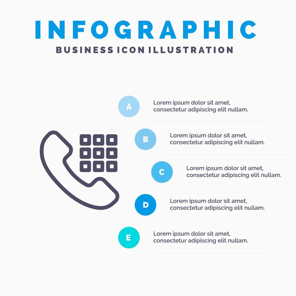 telefoontje wijzerplaat telefoon sleutels lijn icoon met 5 stappen presentatie infographics achtergrond vector