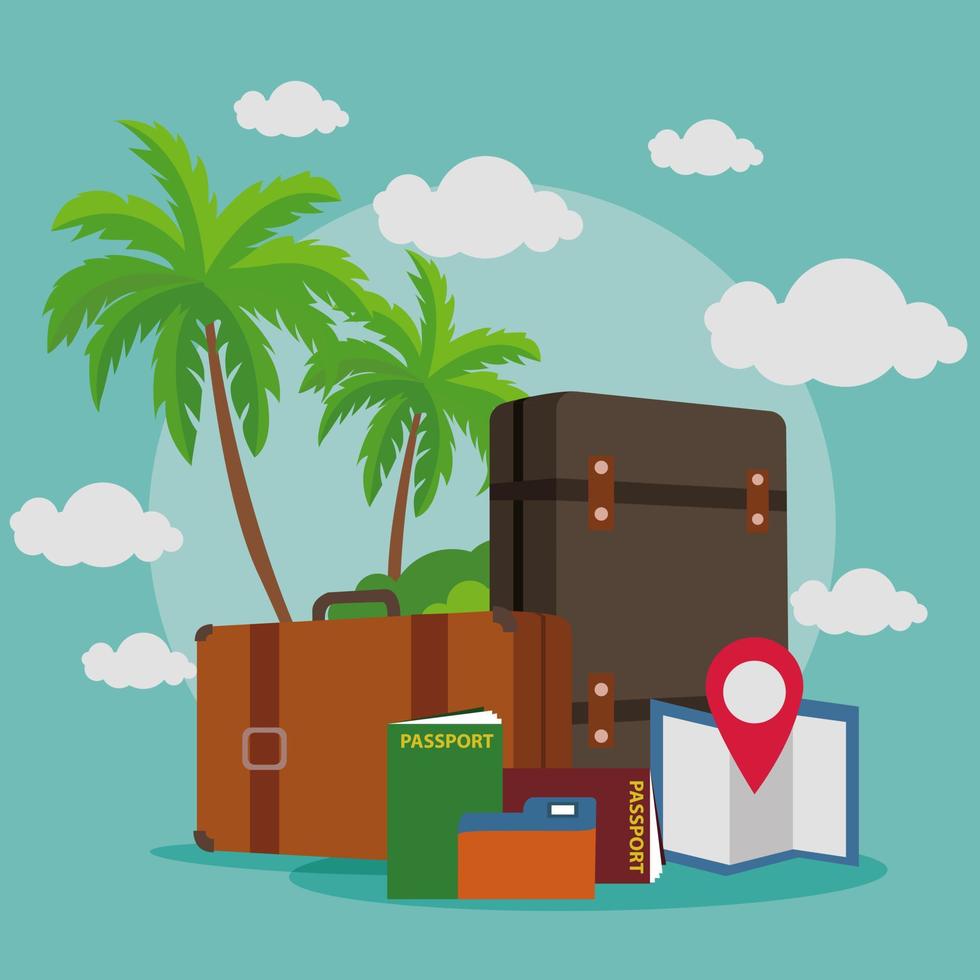 bagage, paspoort, kokosnoot boom, wolk en de paspoort voor maken reclame media over toerisme en allemaal voorwerp Aan blauw achtergrond, vector virtueel voor reizen en vervoer concept ontwerp illustratie