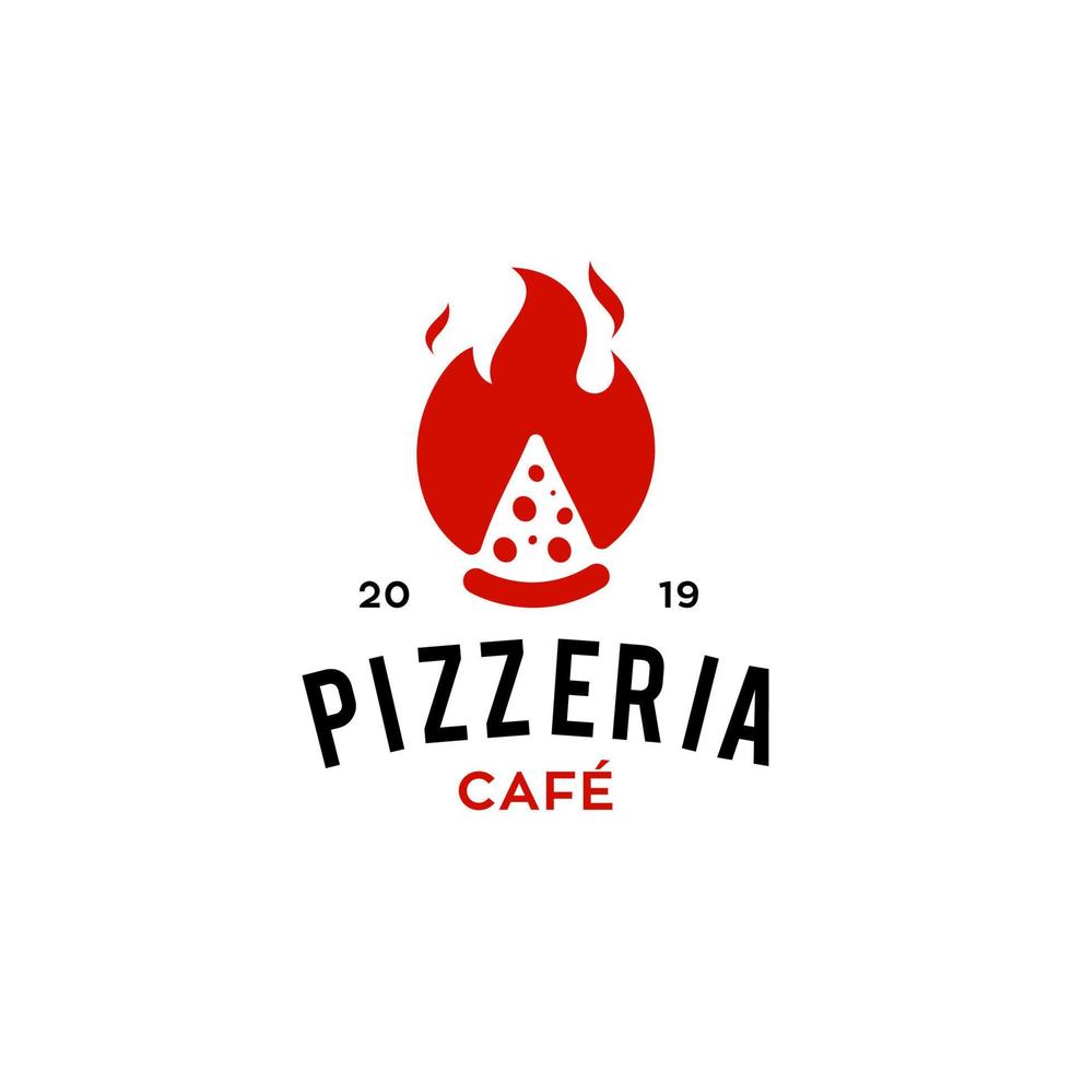 heet pizza logo met brand vlam pittig heet icoon voor een cafe en restaurant bedrijf vector