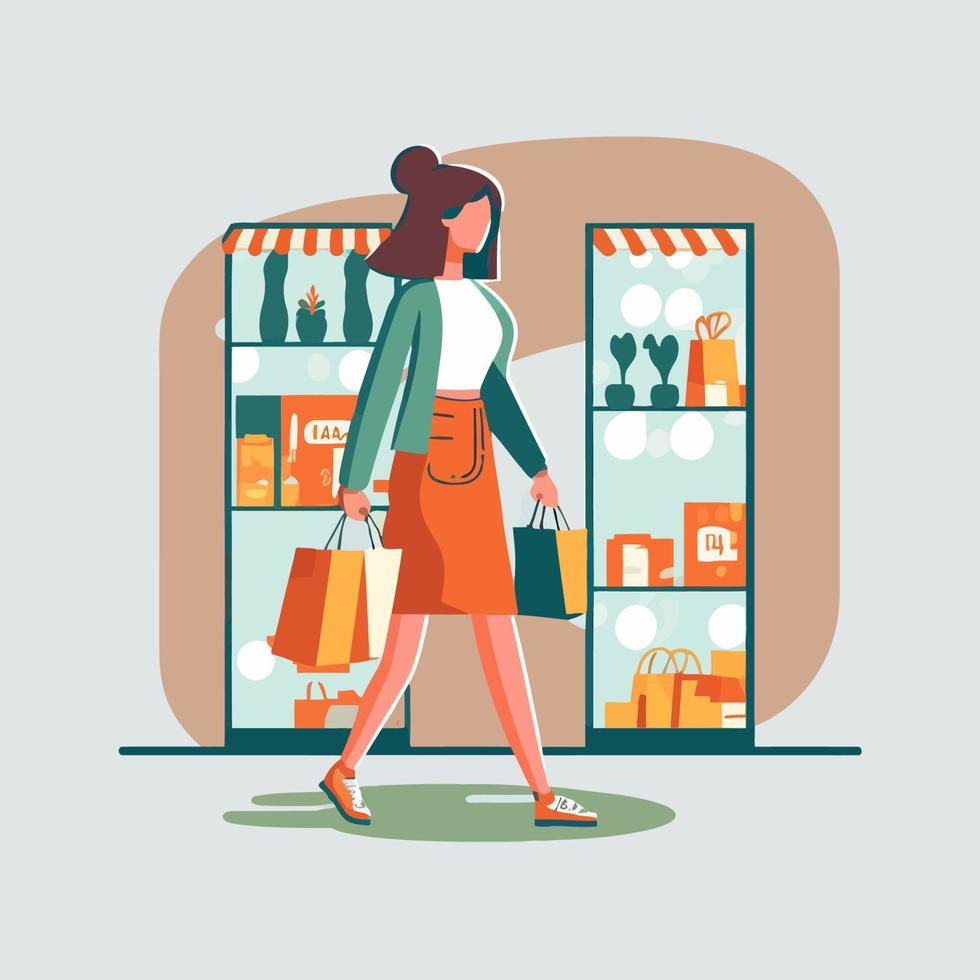 modieus vrouw boodschappen doen draag- Tassen. concept van boodschappen doen verslaving, shopaholic vector vlak stijl illustratie