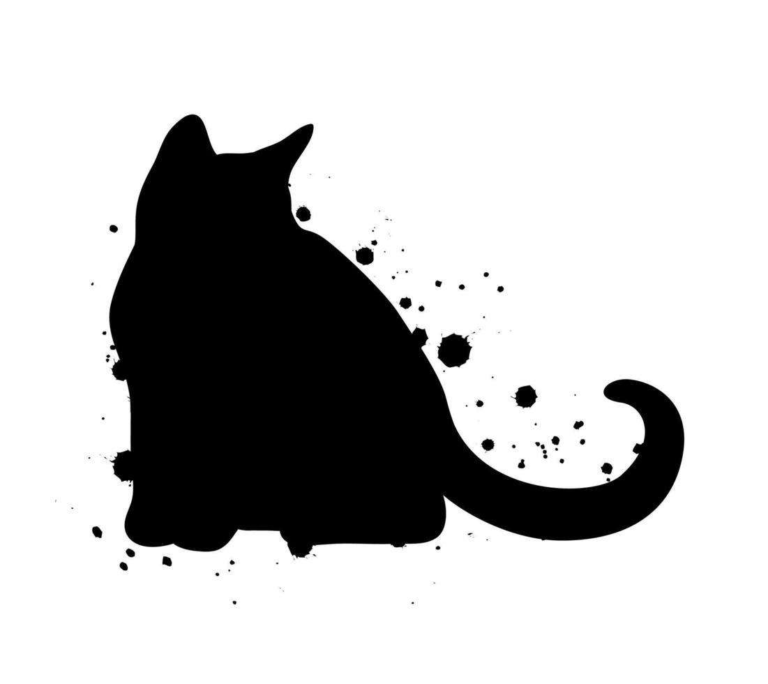 zittend zwart kat silhouet met inkt geklater abstract illustratie. vector