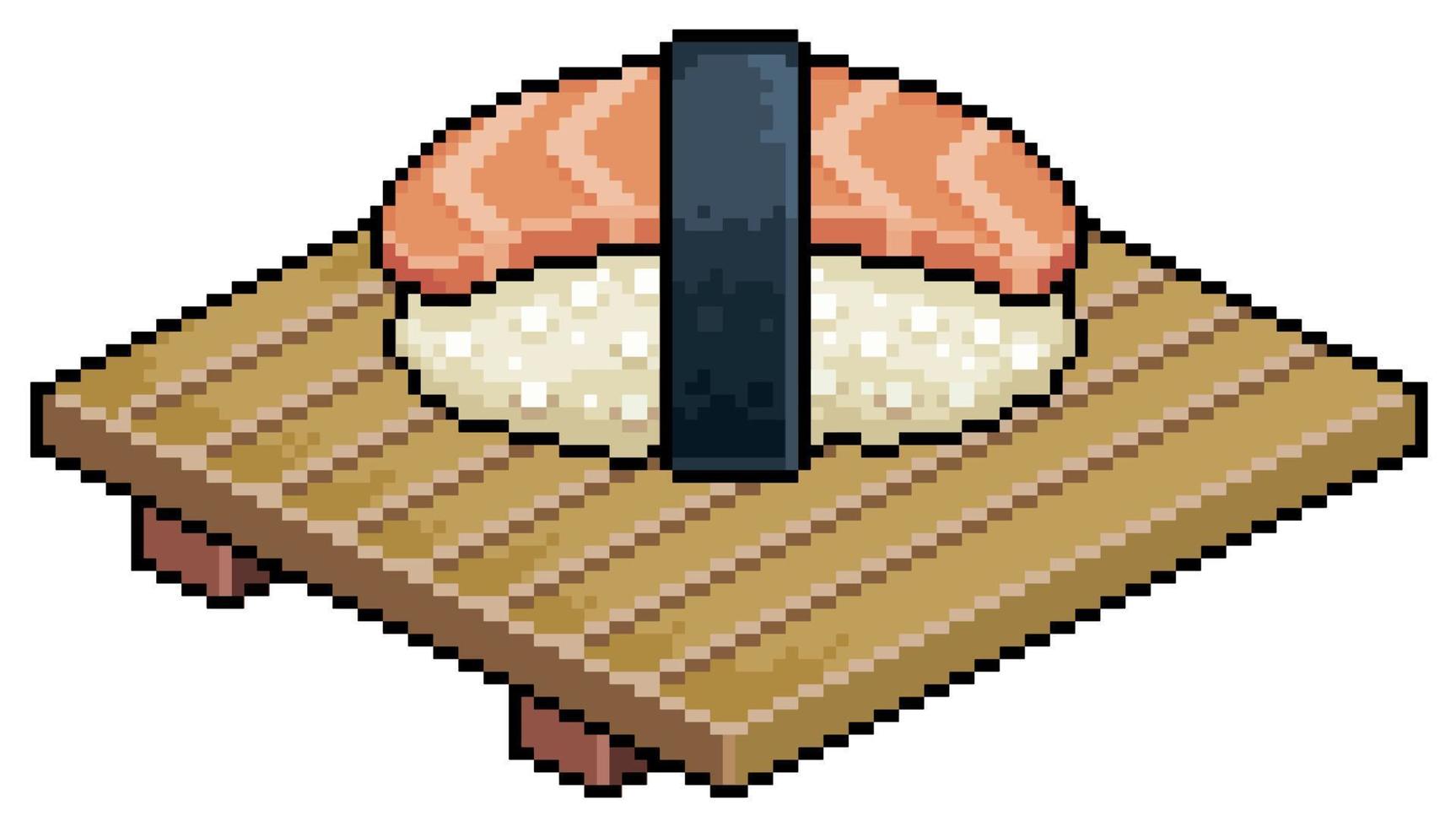 pixel kunst rijstwijn nigiri Aan houten bord voor sushi vector icoon voor 8 bit spel Aan wit achtergrond