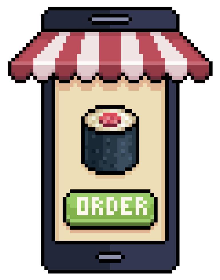 pixel kunst mobiel telefoon bestellen sushi in voedsel app vector icoon voor 8 bit spel Aan wit achtergrond
