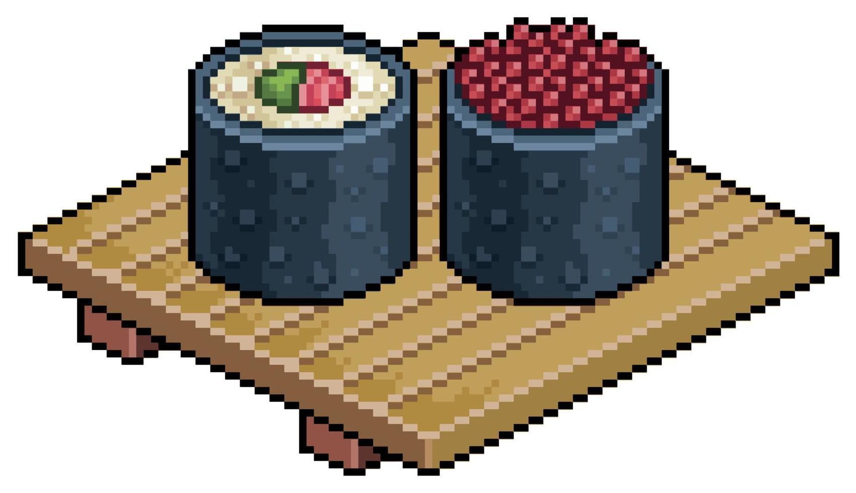 pixel kunst tekka maki, ikura maki Aan houten bord voor sushi vector icoon voor 8 bit spel Aan wit achtergrond