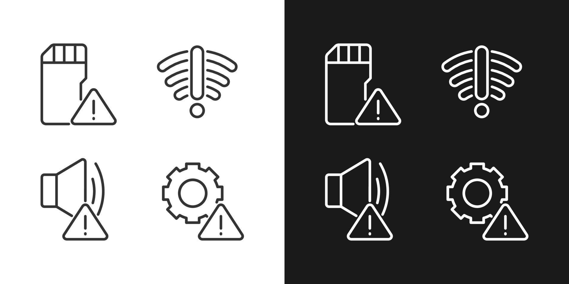 hardware problemen pixel perfect lineair pictogrammen reeks voor donker, licht modus. geluid apparaat afbreken. opslagruimte capaciteit kwestie. silhouet symbolen. solide pictogram pak. vector geïsoleerd illustratie