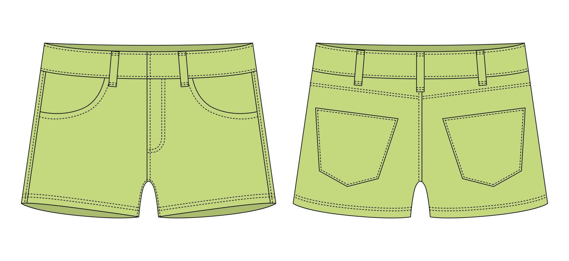 denim kort met zakken technisch schetsen. licht groen kleur. kinderen jeans shorts ontwerp sjabloon. vector