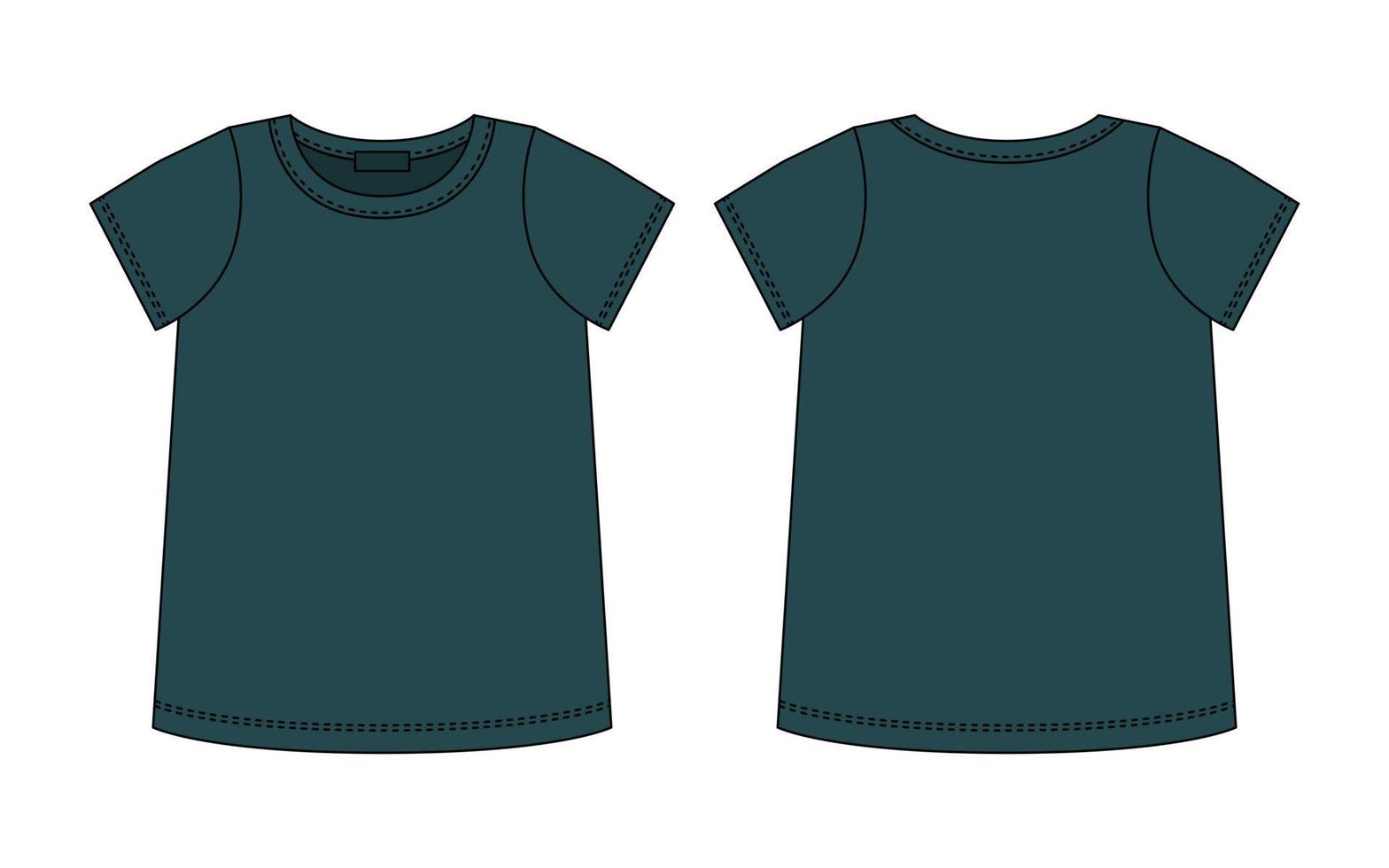 blanco t overhemd technisch schetsen. donker groen kleur. vrouw t-shirt schets ontwerp sjabloon vector