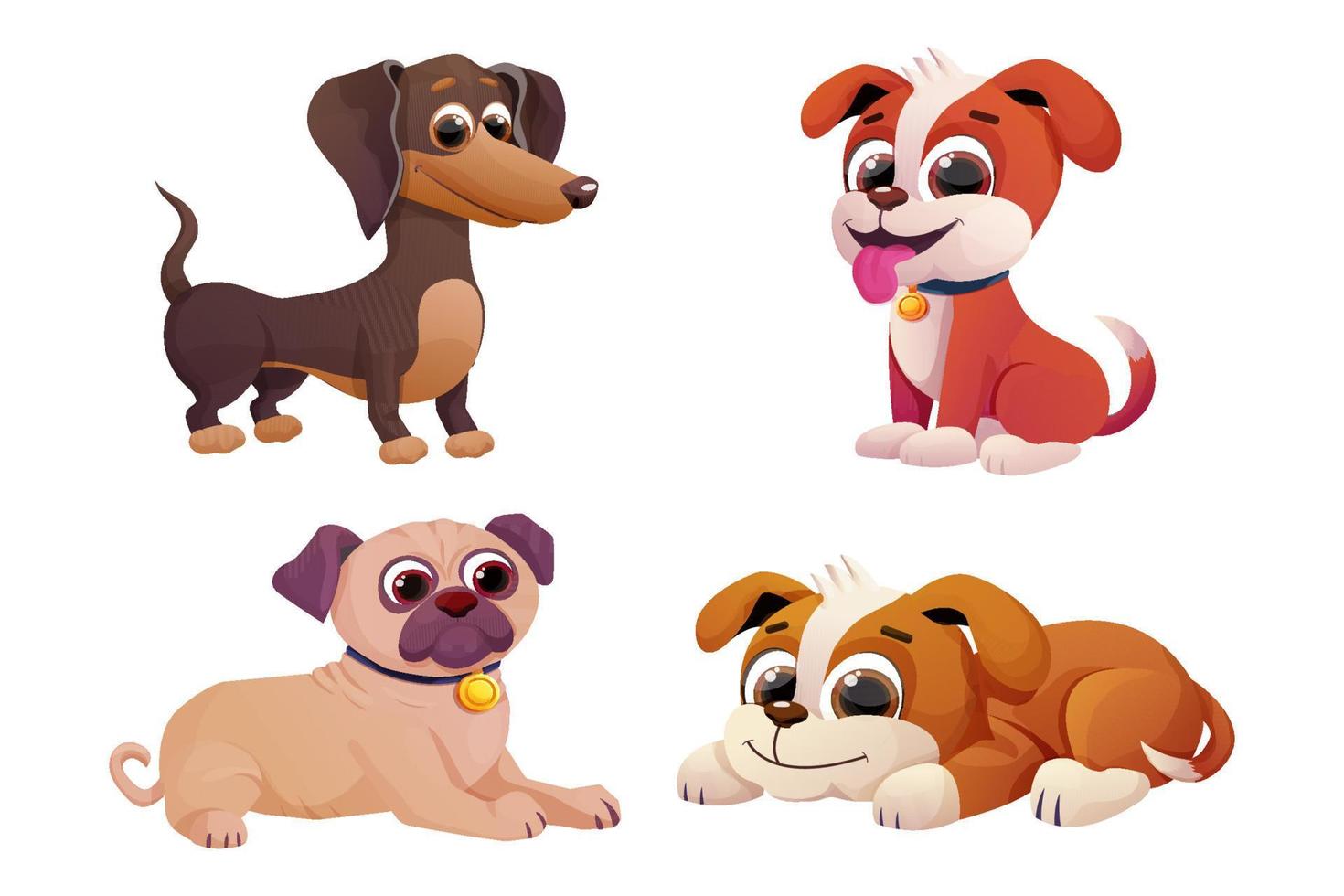 reeks aan het liegen pup, schattig teckel, mopshond hond kind, huisdier met aanbiddelijk staart in grappig tekenfilm stijl geïsoleerd Aan wit background.collection emotioneel karakters. vector illustratie