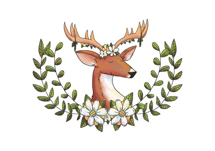 Waterverf Herten Animal Forest Met Bloem Crown En Bladeren En Gele Bloemen vector