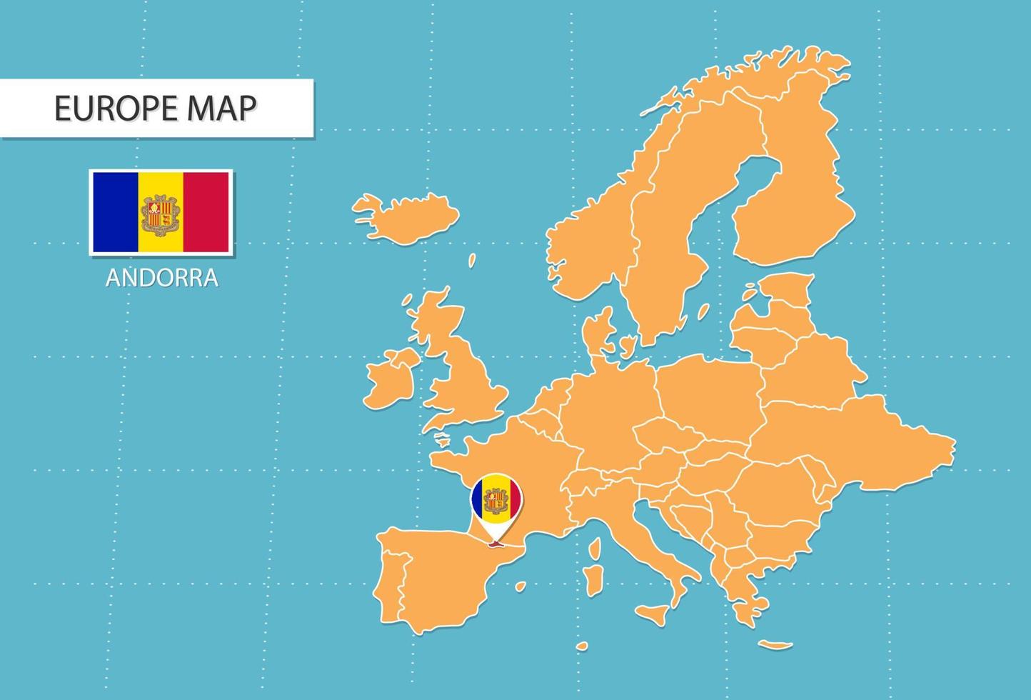 Andorra kaart in Europa, pictogrammen tonen Andorra plaats en vlaggen. vector