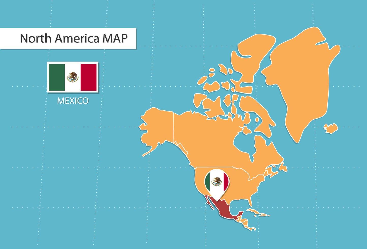 Mexico kaart in Amerika, pictogrammen tonen Mexico plaats en vlaggen. vector