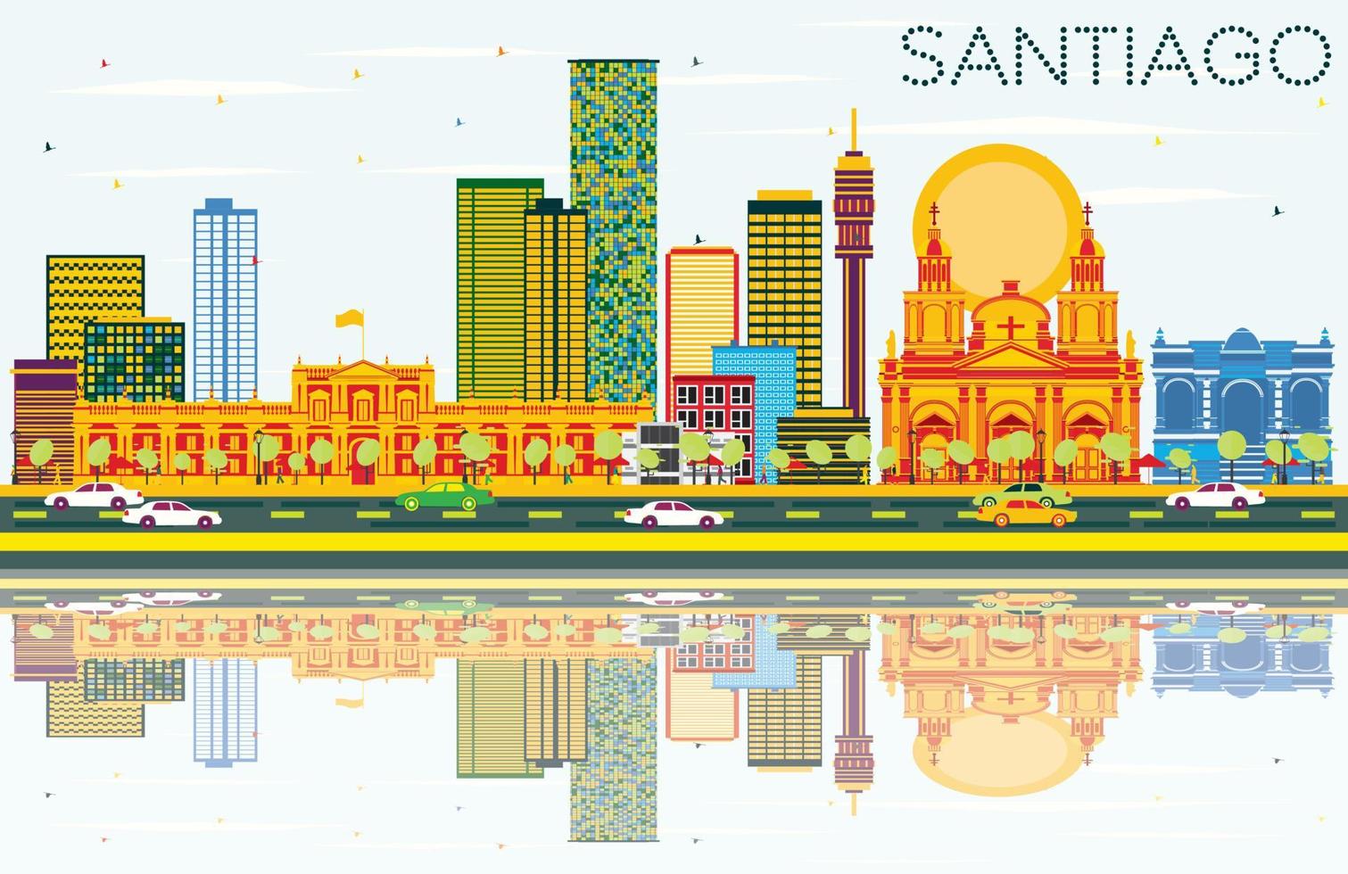 Santiago Chili horizon met kleur gebouwen, blauw lucht en reflecties. vector