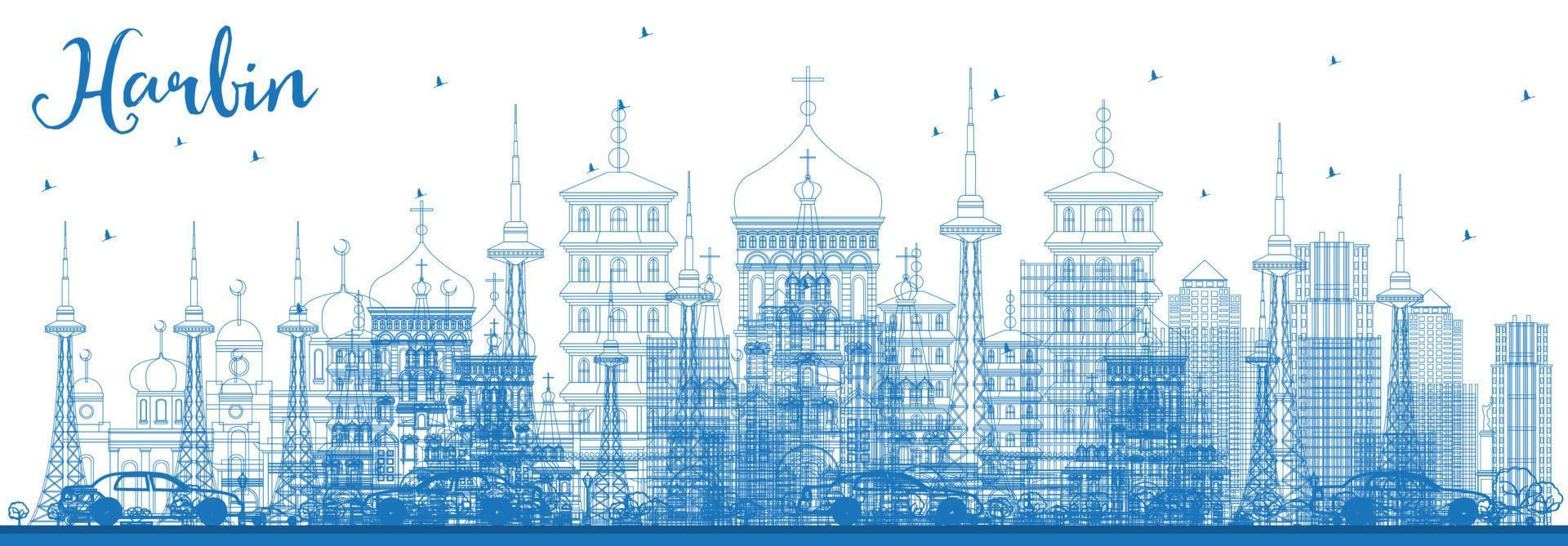 schets harbin skyline met blauwe gebouwen. vector