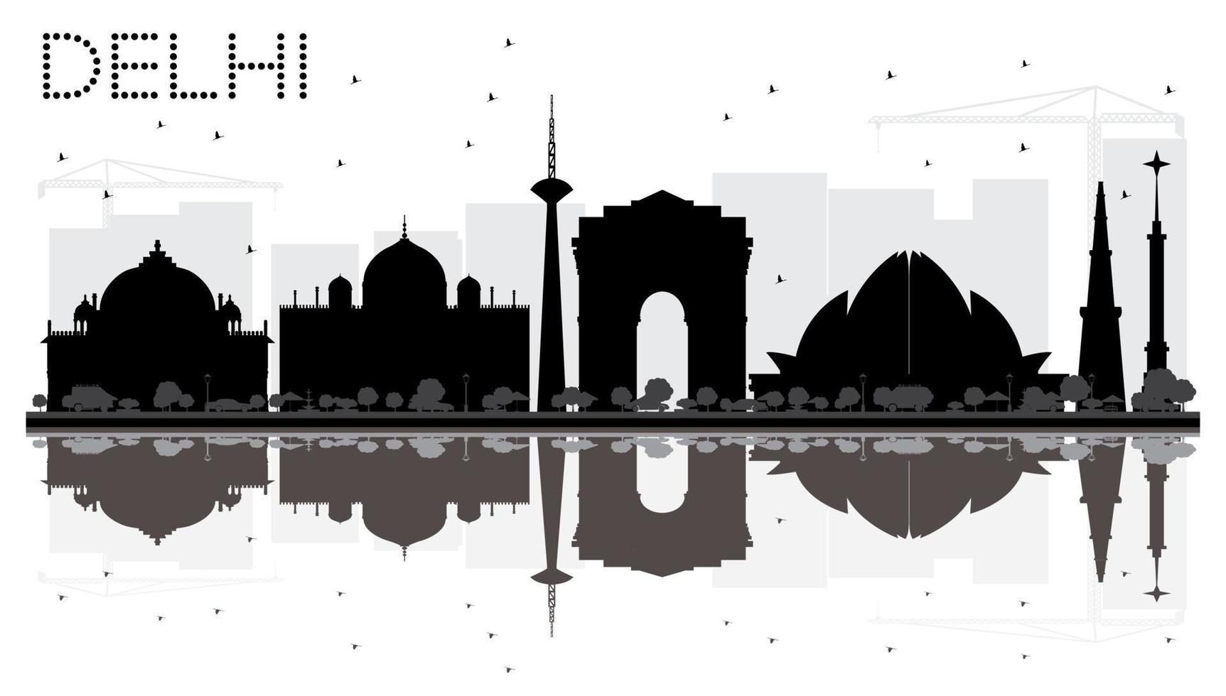 Delhi stad horizon zwart en wit silhouet met reflecties. vector