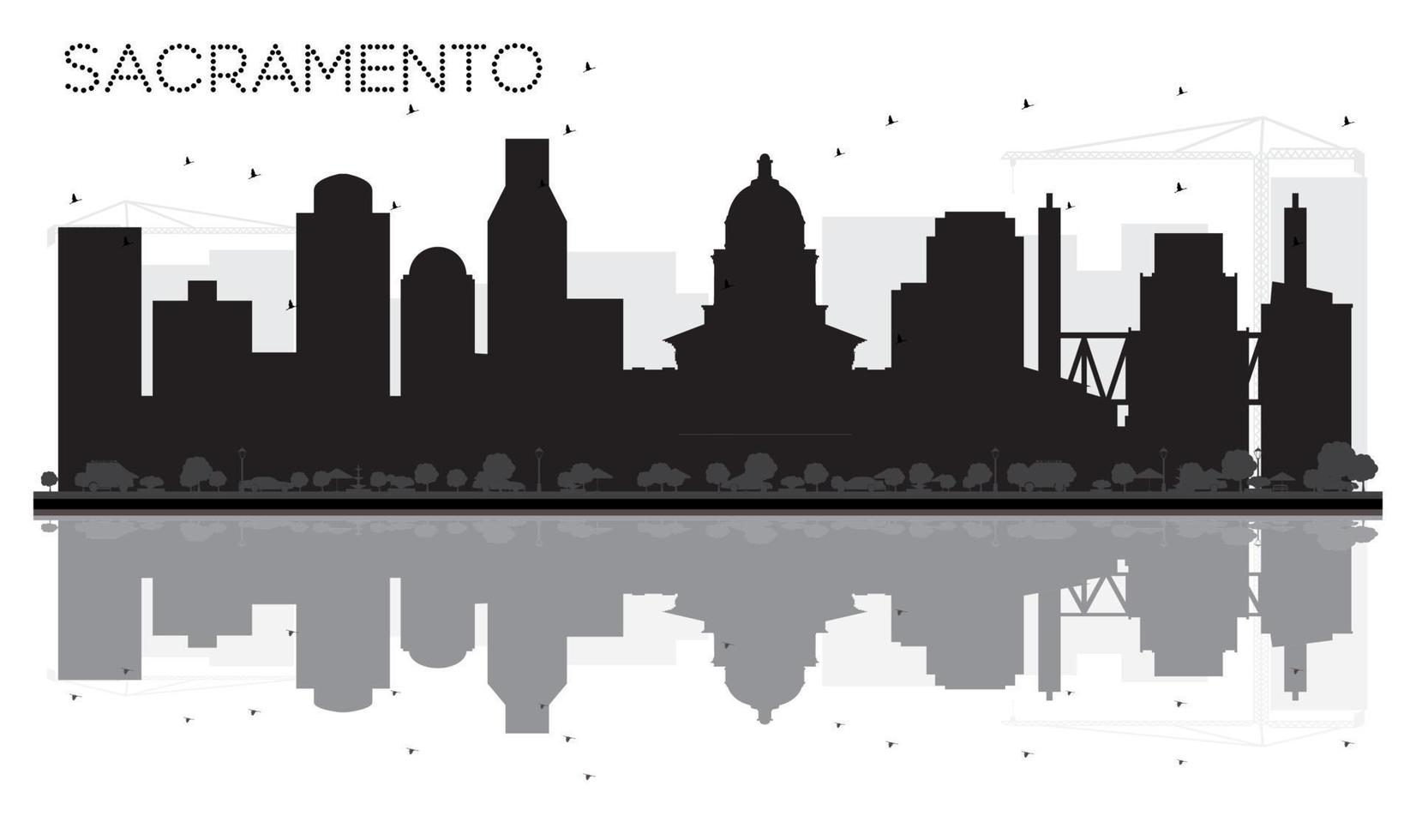 sacramento stad horizon zwart en wit silhouet met reflecties. vector