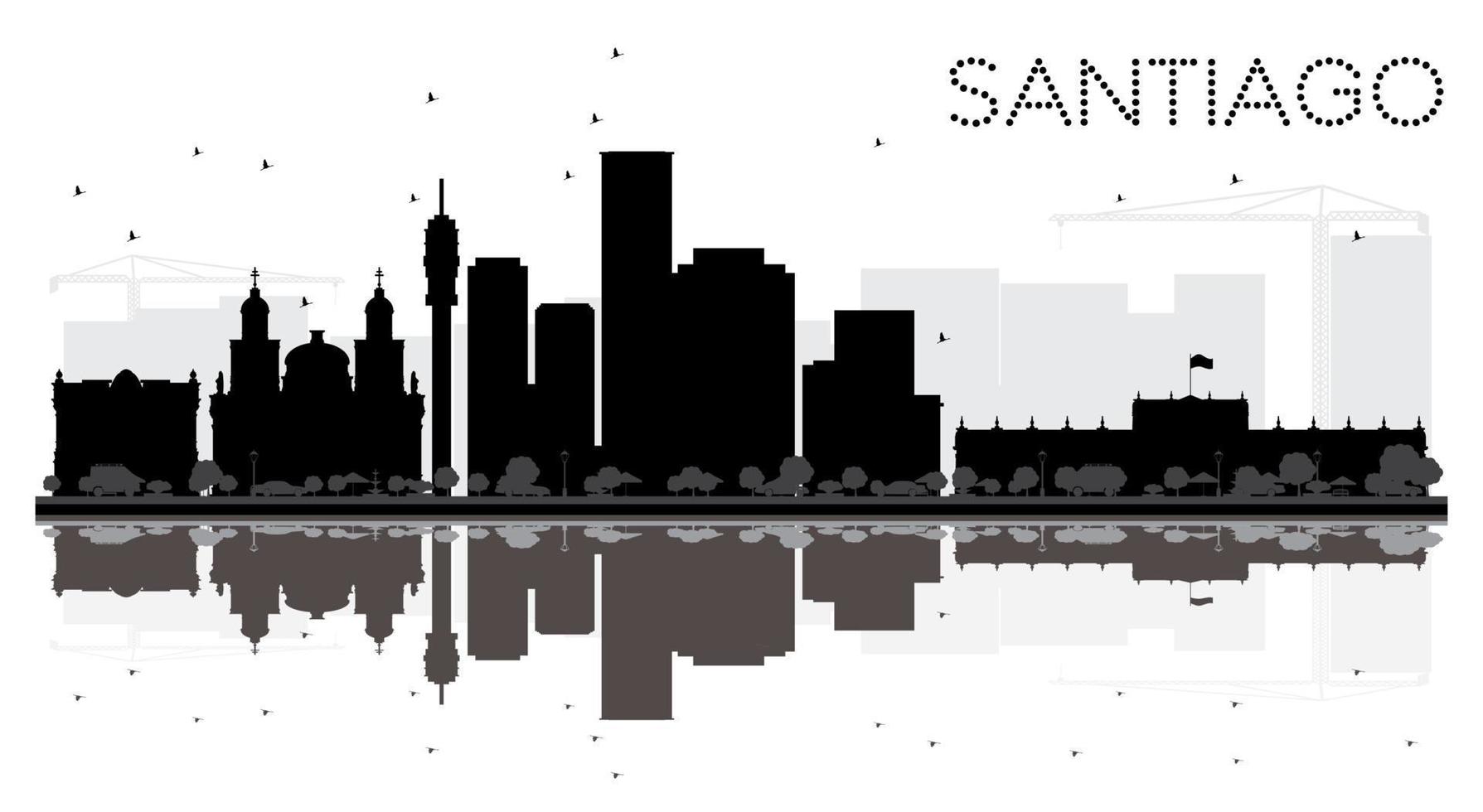 Santiago stad horizon zwart en wit silhouet met reflecties. vector