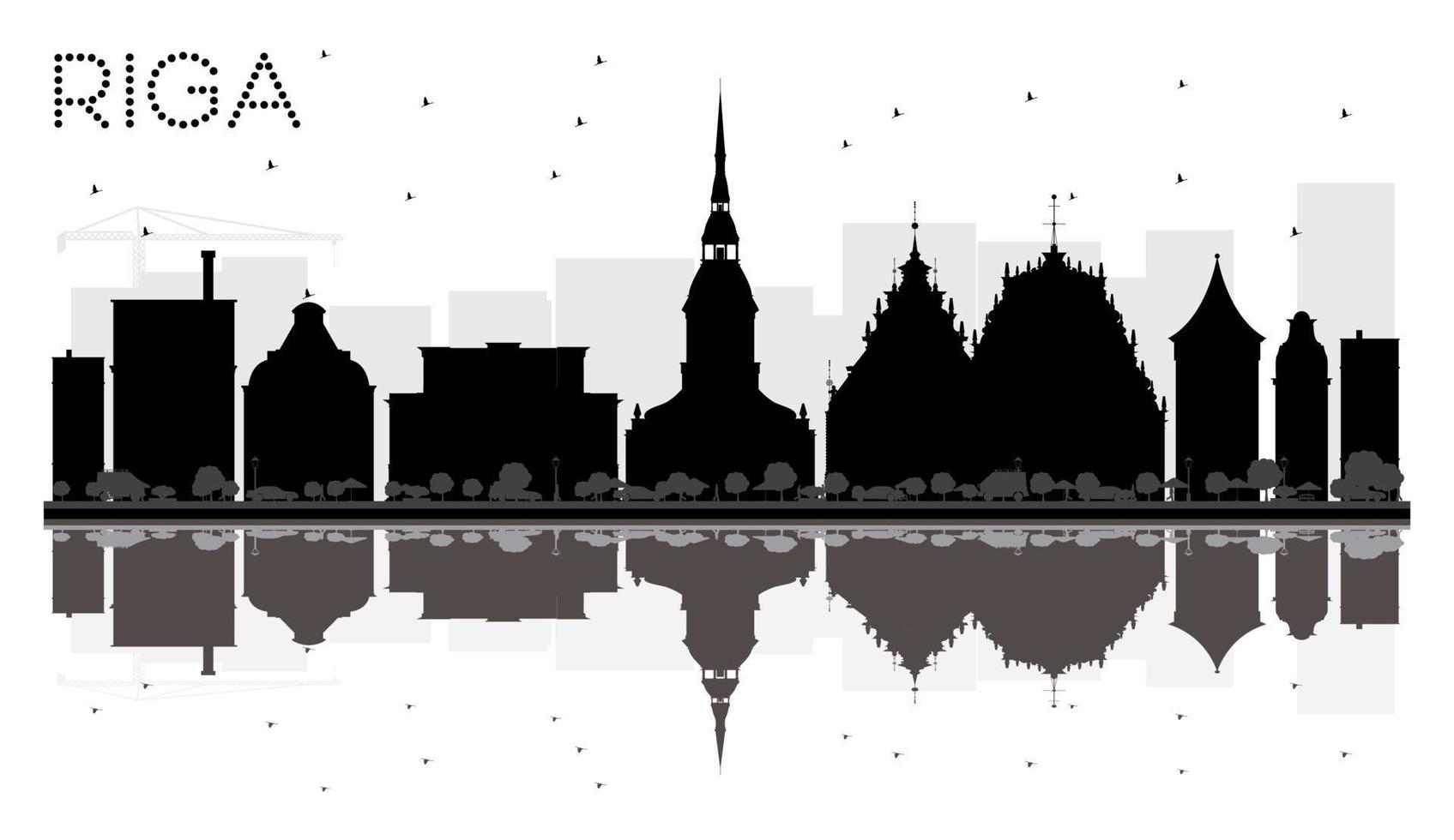 Riga stad horizon zwart en wit silhouet met reflecties. vector