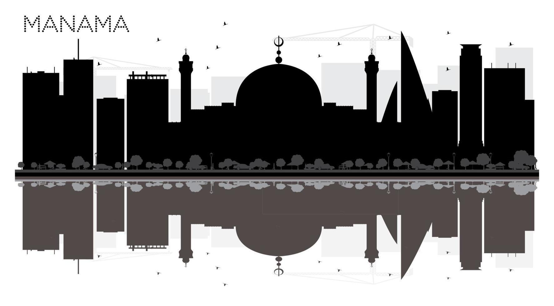 manama stad horizon zwart en wit silhouet met reflecties. vector