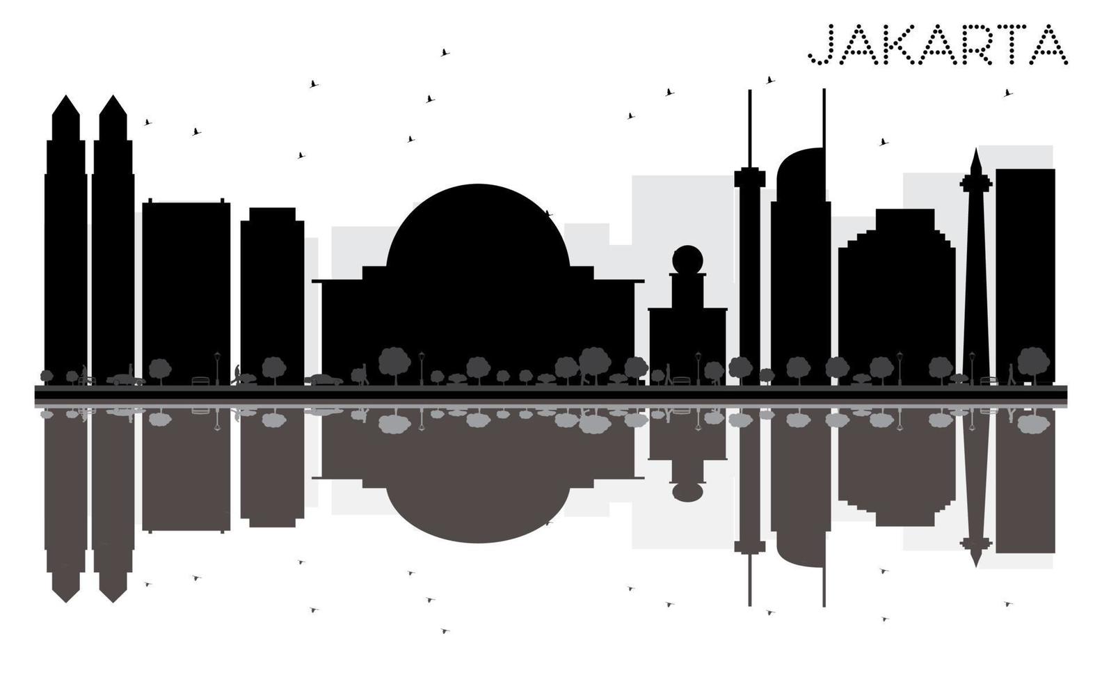 Jakarta stad horizon zwart en wit silhouet met reflecties. vector