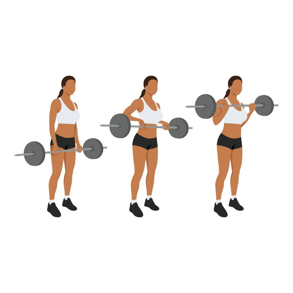 vrouw doet barbell drag bicep curls oefening. 21 biceps-oefening. 7 stappen.arm training. platte vectorillustratie van een fitness man geïsoleerd op een witte achtergrond vector