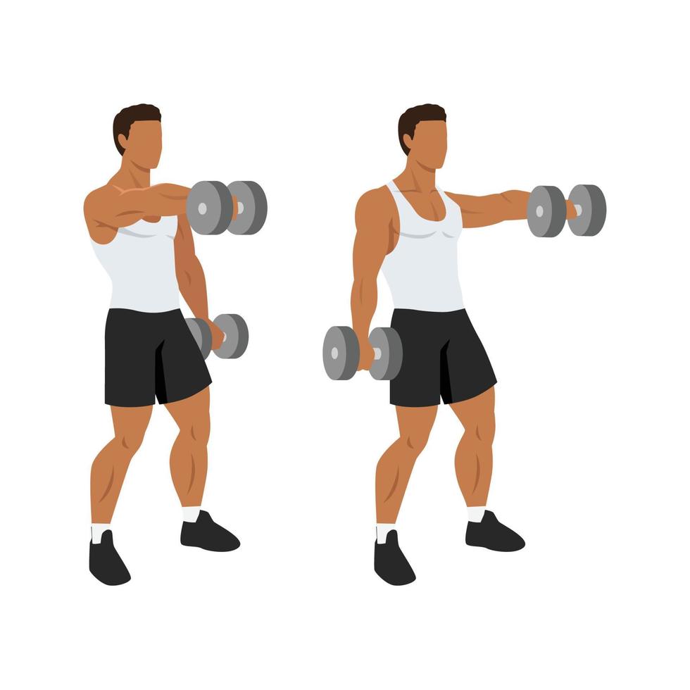 man doet dumbbell front raise oefening. platte vectorillustratie geïsoleerd op een witte achtergrond vector