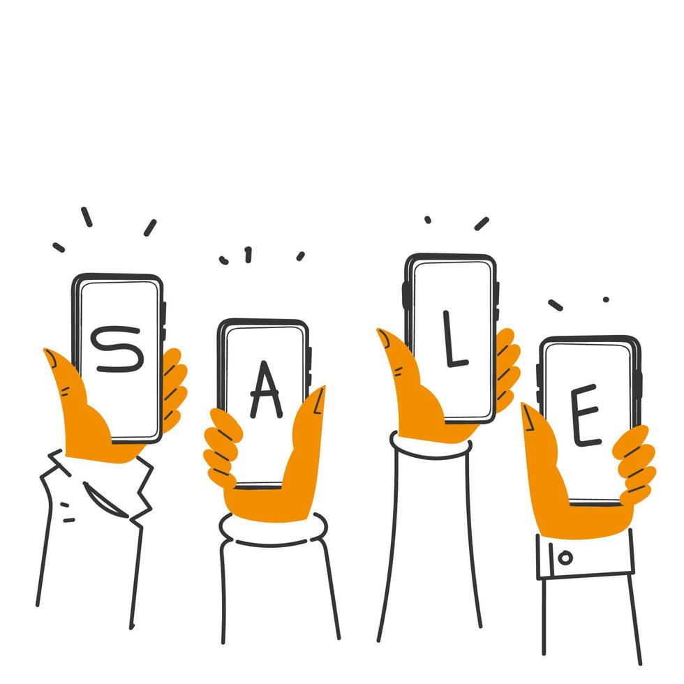 hand- getrokken tekening handen Holding smartphones en tonen uitverkoop teken illustratie vector