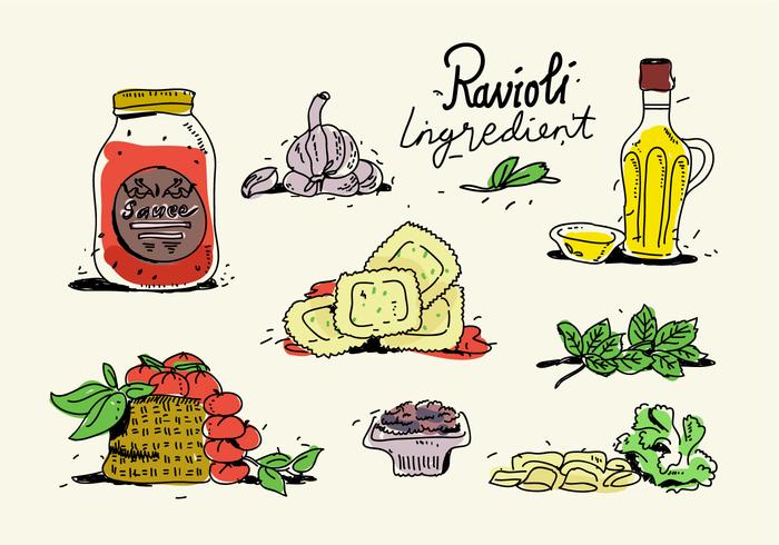 Italiaans Voedsel Ravioli Ingrediënten Menu Hand Getekend vector