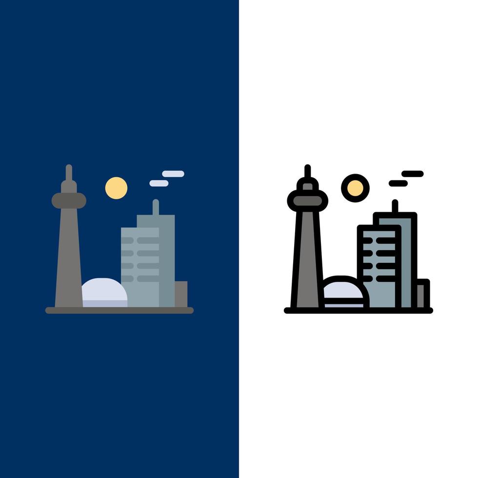 gebouw Canada stad beroemd stad Toronto pictogrammen vlak en lijn gevulde icoon reeks vector blauw achtergrond