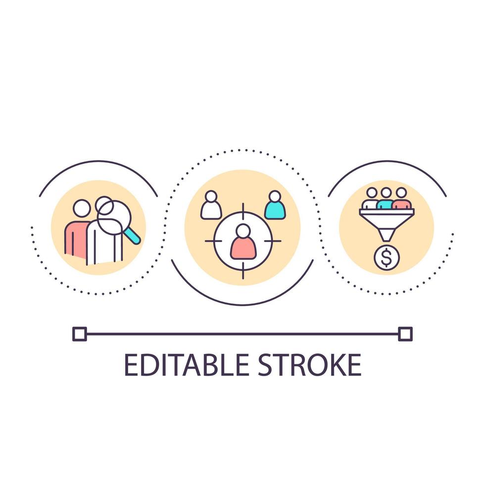 Kiezen publiek lus concept icoon. analyse van klant gedrag. studie klanten behoeften abstract idee dun lijn illustratie. geïsoleerd schets tekening. bewerkbare hartinfarct. vector