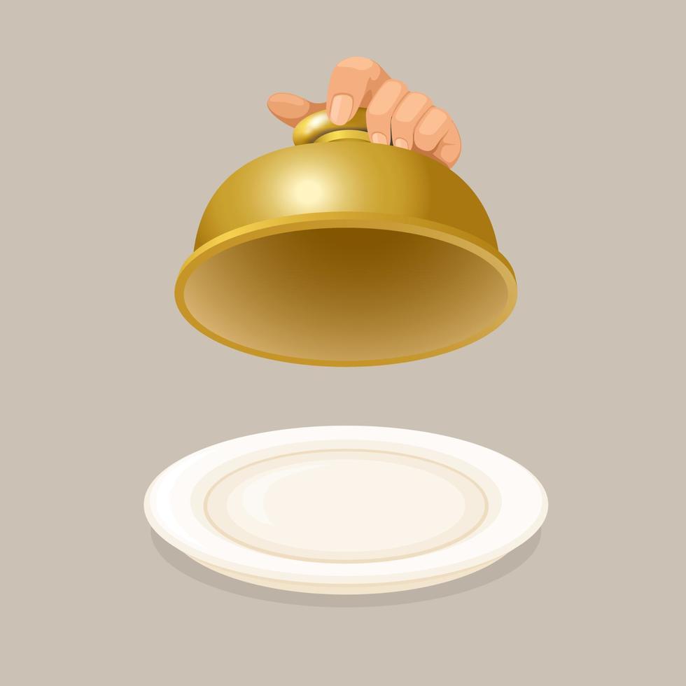hand- chef hijs- de deksel Aan een gouden voedsel portie schotel tekenfilm realistisch illustratie vector