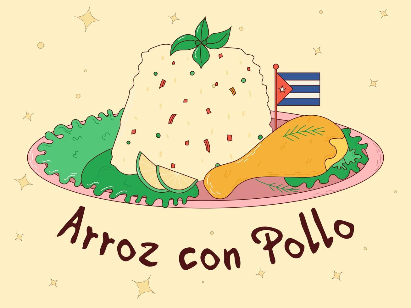 Cubaans voedsel. arroz con pollo. traditioneel Cubaans gerecht. vector illustratie