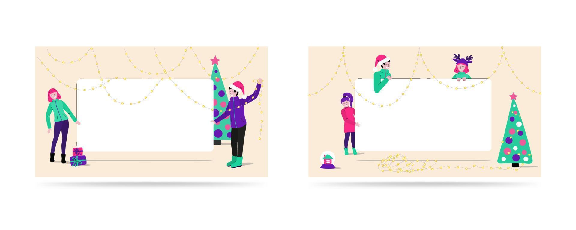 Kerstmis familie - mensen glimlachen Holding een wit banier, een plaats voor uw tekst. concept voorbereiding en vakantie hartelijk groeten. helder vector illustratie in vlak stijl Aan zeil Champagne achtergrond.