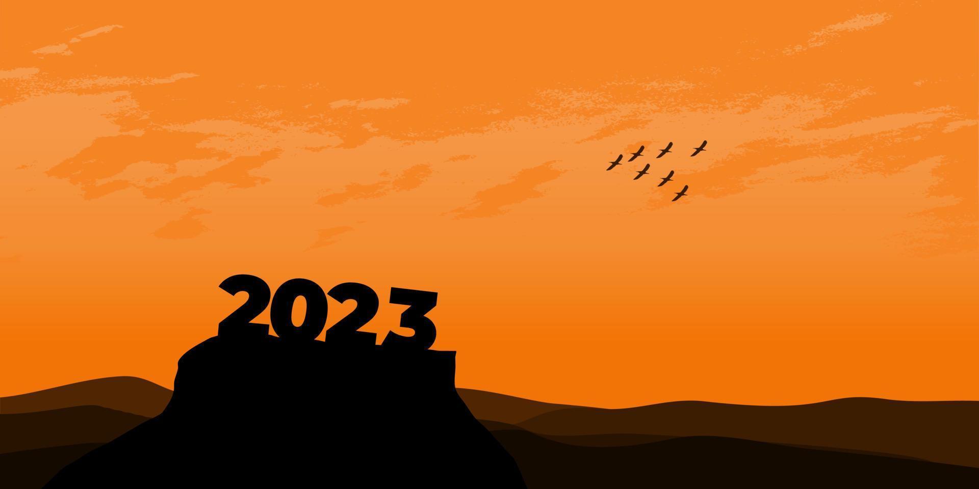 gelukkig nieuw jaar 2023 met groot silhouet brieven Aan de berg met een mooi zonsondergang voor succes concept. nieuw jaar concept vector