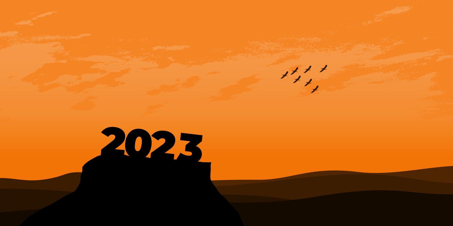 gelukkig nieuw jaar 2023 met groot silhouet brieven Aan de berg met een mooi zonsondergang voor succes concept. nieuw jaar concept vector