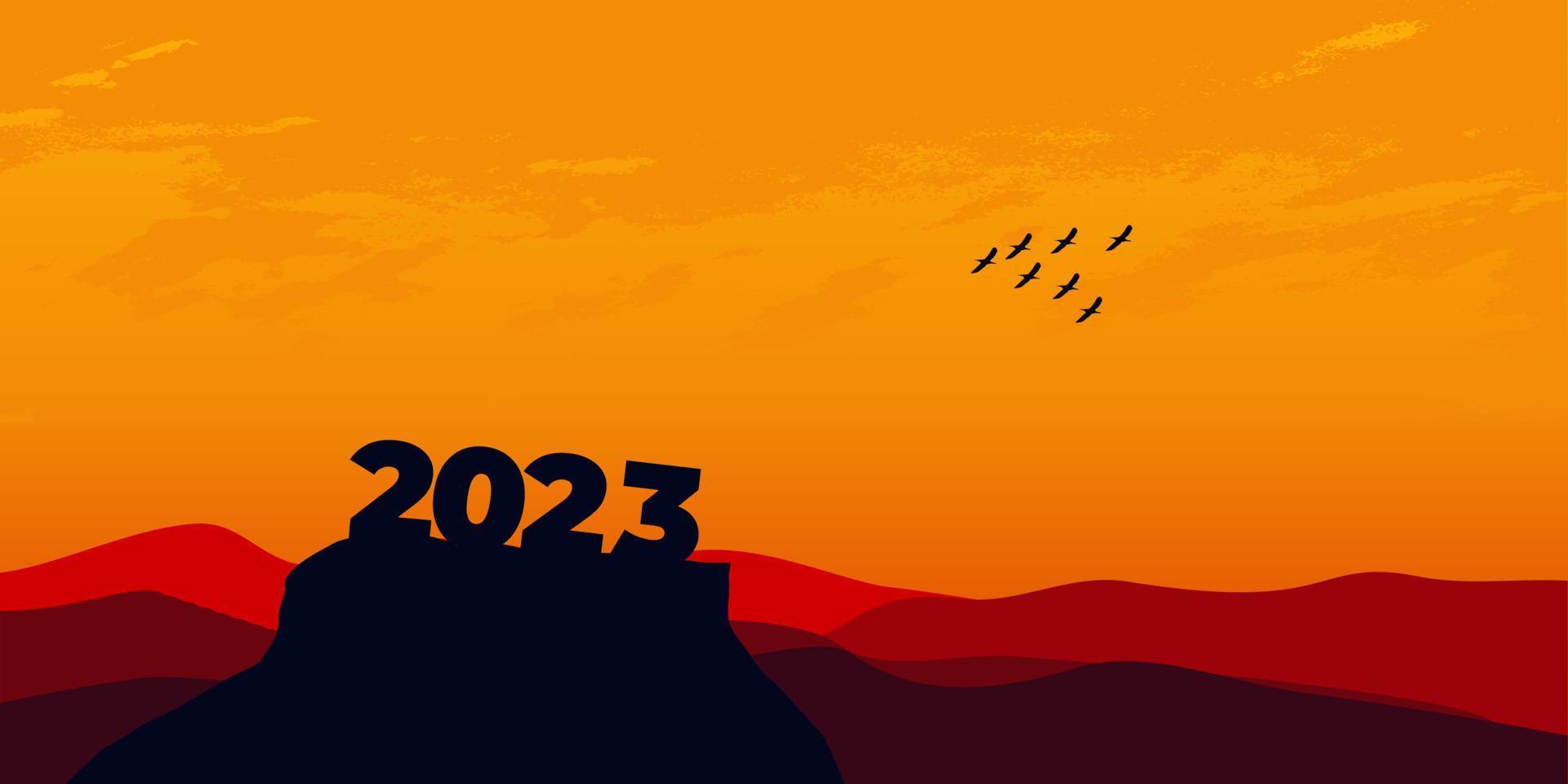 gelukkig nieuw jaar 2023 met groot silhouet brieven Aan de berg met een mooi zonsondergang voor succes concept. nieuw jaar concept vector