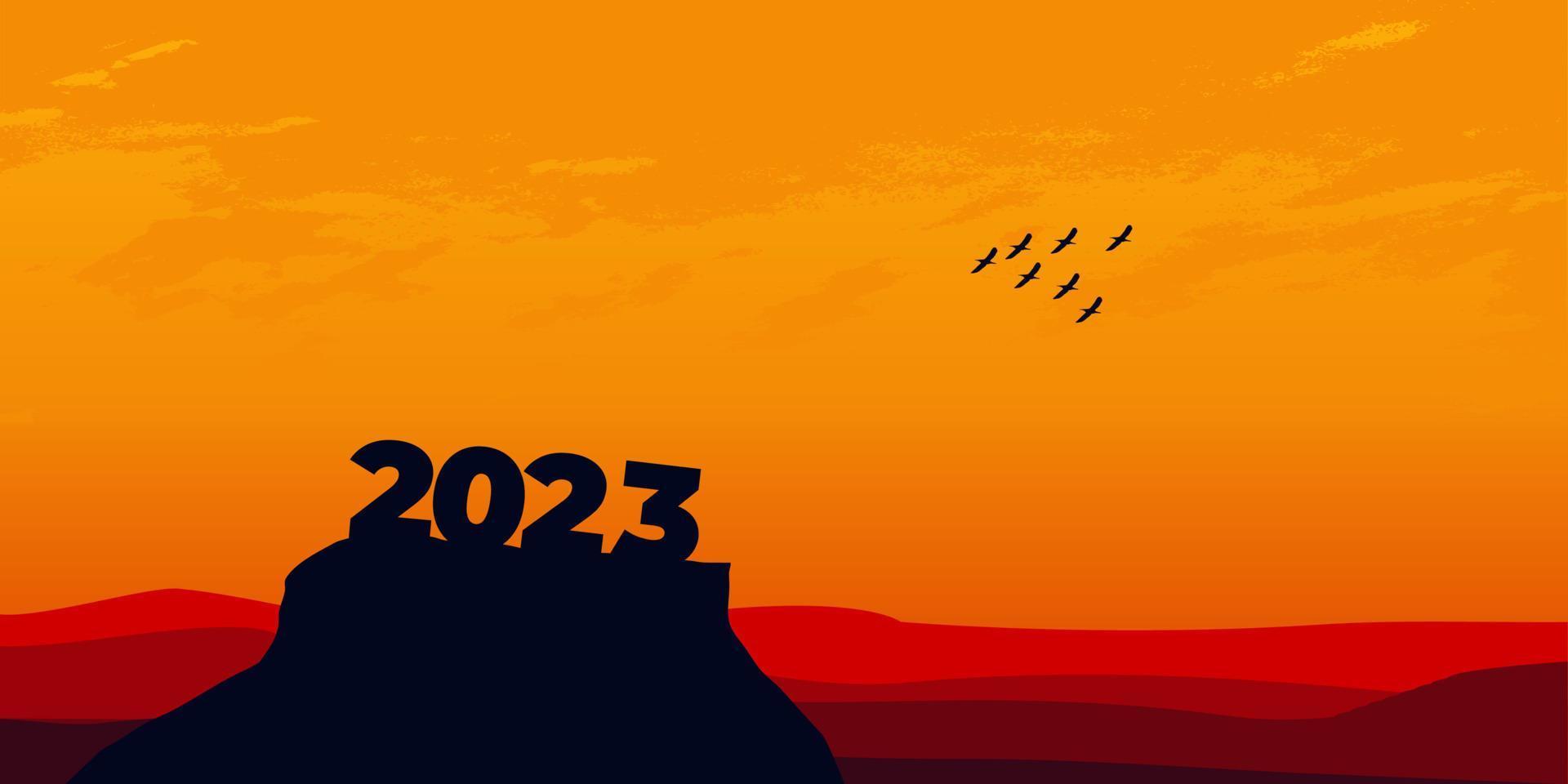 gelukkig nieuw jaar 2023 met groot silhouet brieven Aan de berg met een mooi zonsondergang voor succes concept. nieuw jaar concept vector